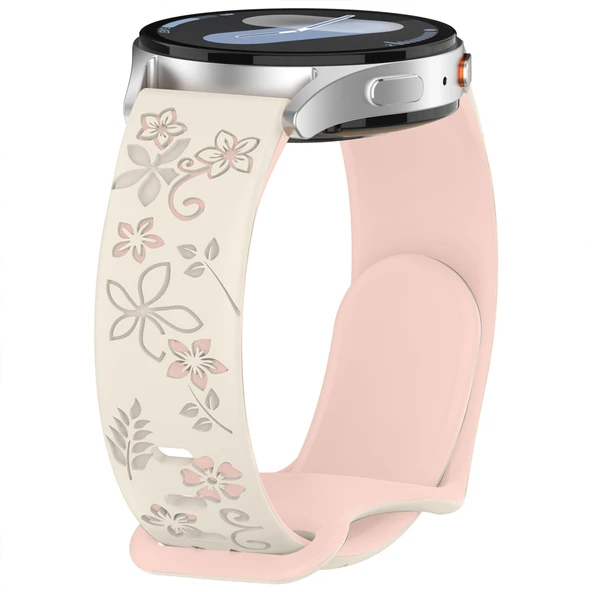 Samsung Galaxy Watch 6 7 Serisi ile Uyumlu FloraFlex Çiçek Desenli Silikon Kordon Açık Pembe - 2