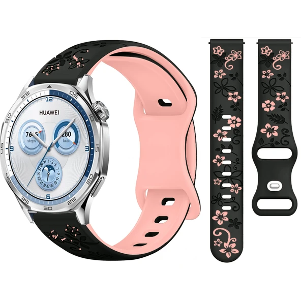 Huawei Watch GT2 GT3 GT4 GT5 46mm İle Uyumlu FloraFlex Çiçek Desenli Silikon Kordon  Pudra