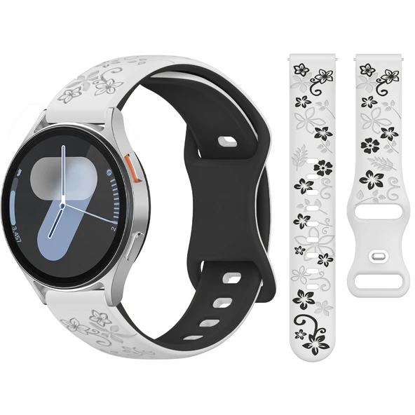 Samsung Galaxy Watch 6 7 Serisi ile Uyumlu FloraFlex Çiçek Desenli Silikon Kordon  Beyaz