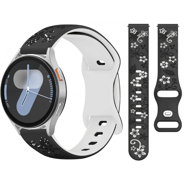 Samsung Galaxy Watch 6 7 Serisi ile Uyumlu FloraFlex Çiçek Desenli Silikon Kordon  Siyah Beyaz