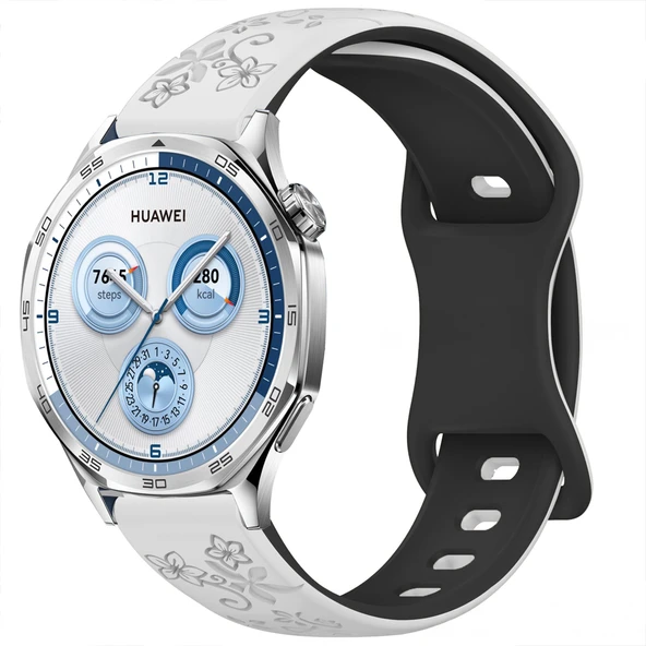 Huawei Watch GT2 GT3 GT4 GT5 46mm İle Uyumlu FloraFlex Çiçek Desenli Silikon Kordon  Beyaz - Resim 6