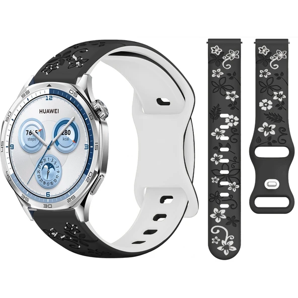 Huawei Watch GT2 GT3 GT4 GT5 46mm İle Uyumlu FloraFlex Çiçek Desenli Silikon Kordon  Siyah Beyaz