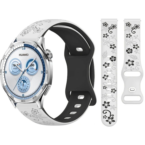 Huawei Watch GT2 GT3 GT4 GT5 46mm İle Uyumlu FloraFlex Çiçek Desenli Silikon Kordon  Beyaz