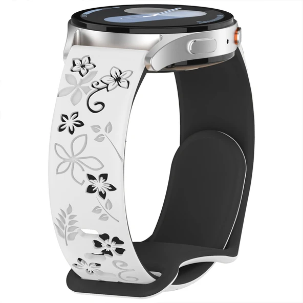 Huawei Watch GT2 GT3 GT4 GT5 46mm İle Uyumlu FloraFlex Çiçek Desenli Silikon Kordon  Beyaz - Resim 2