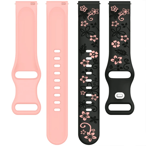 Huawei Watch GT2 GT3 GT4 GT5 46mm İle Uyumlu FloraFlex Çiçek Desenli Silikon Kordon  Pudra - 5