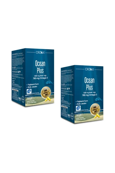 ORZAX Ocean Plus 1200 Mg Balık Yağı Limon Aromalı 30 Kapsül*2 Adet