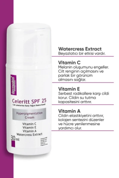 DERMOSKİN Celeritt SPF 25 Krem | Güneş Koruyucu Yüz Kremi | Cilt Leke Kremi | C Vitamini Cilt Bakımı | 30 ml - Resim 2
