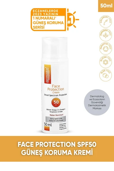 DERMOSKİN Face Protection Cream Spf 50+ | Nemlendirici Yüz Güneş Kremi | Suya Dayanıklı | 50 ml
