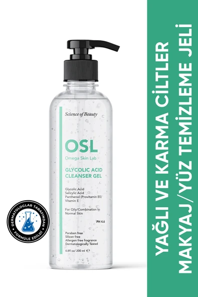 OSL OMEGA SKİN LAB Yağlı Ve Karma Ciltler Için Makyaj Ve Yüz Temizleme Jeli - Glycolic Cleanser Gel 200ml