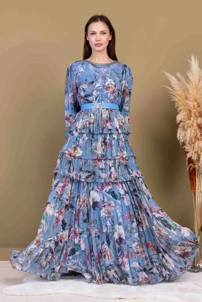 Kat Kat Pliseli Şifon Elbise 2718-İndigo - 4