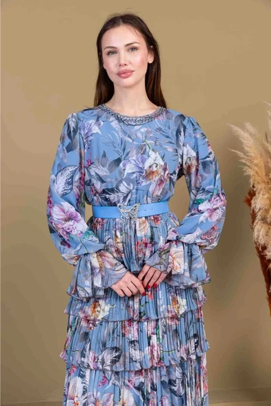 Kat Kat Pliseli Şifon Elbise 2718-İndigo - 3