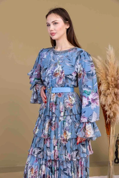 Kat Kat Pliseli Şifon Elbise 2718-İndigo - 5