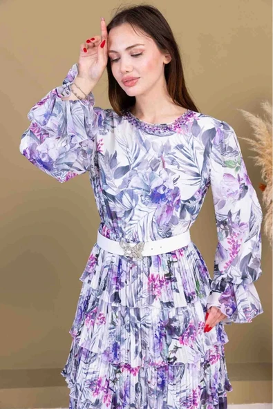 Kat Kat Pliseli Şifon Elbise 2718-Beyaz - 3