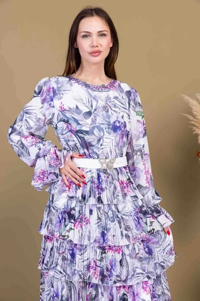 Kat Kat Pliseli Şifon Elbise 2718-Beyaz - 4
