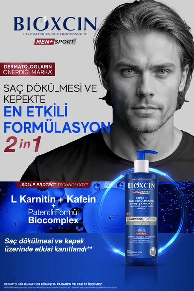 Bioxcin Kepek Önleyici  Saç Dökülmesine Karşı Şampuan 500Ml - L-Carnitine, Kafein, Biocomplexb11, Men Sport