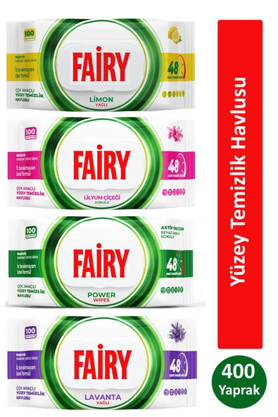 Fairy Çok Amaçlı Yüzey Temizlik Havlusu 100 Yaprak x 4 Adet (Lavanta, Power Wipes, Limon, Lilyum Çiçeği)
