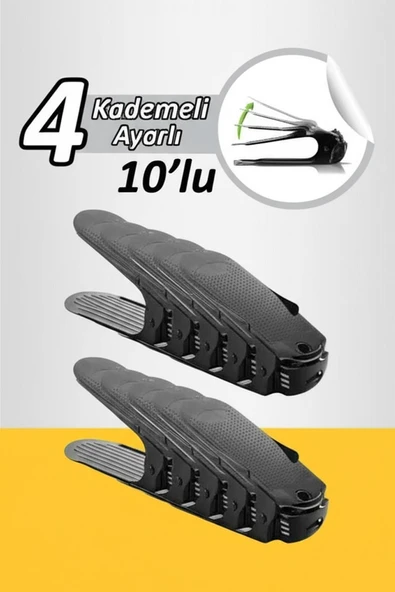 10 Adet Siyah 4 Kademeli Ayakkabı Rampası, Yükseklik Ayarlı Ayakkabılık Düzenleyici, Yer Tasarrufu