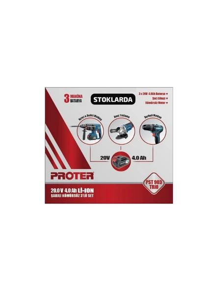Proter PST 903 Trio Şarjlı Delici Kırıcı Matkap + Avuç Taşlama + Darbeli Matkap 3'lü Set - 2