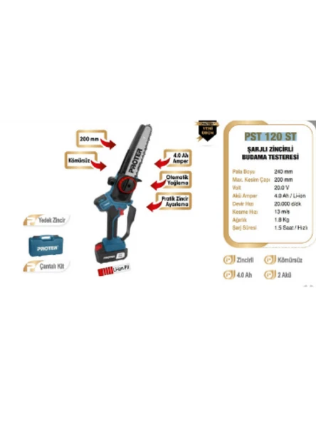 Proter Pst 120 St Şarjlı Kömürsüz Akülü Dal Budama Testeresi 20V 4.0AH