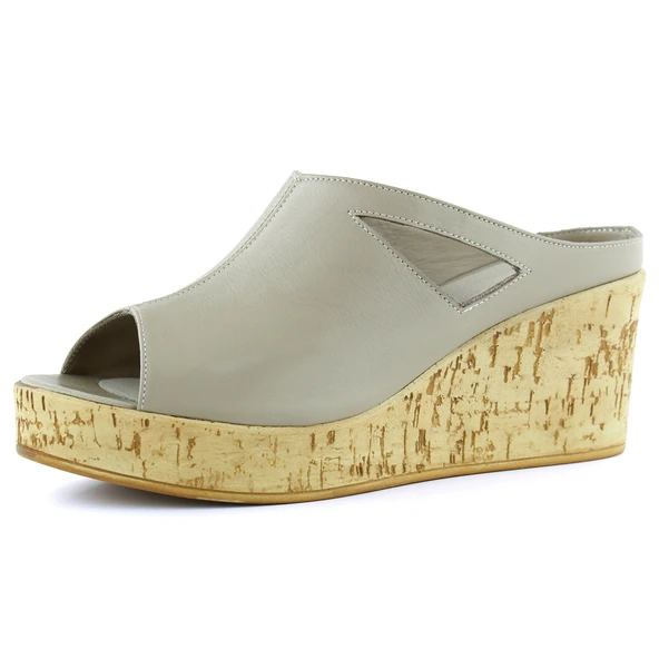 Erkan Saçmacı Drusilla Vizon Hakiki Deri Kesik Detaylı Mantar Taban Görünümlü Dolgu Topuklu Terlik