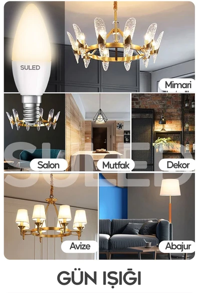 Suled Grafen E14 Duy Gün Işığı 3 Adet Mum Buji Ampul Avize Abajur Lambası Ince Duylu Lamba 5'Li Set - 3