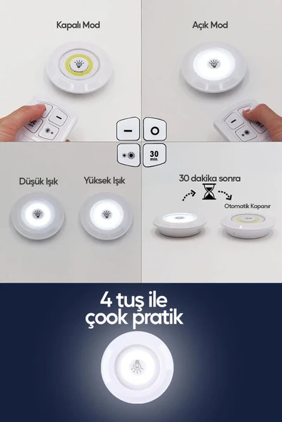 Suled Pilli Uzaktan Kumandalı Montajsız Yapışkanlı 3'Lü Spot Led Işık Lamba Raf Niş Dolap Mutfak Işığı - 2