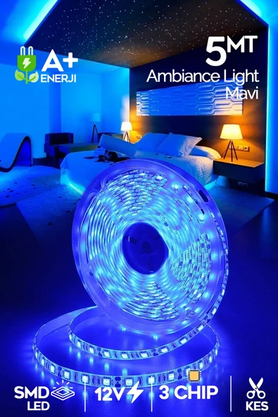 Suled Şerit Led 5 Metre Mavi Işık 3 Çipli Pro Ambiyans Aydınlatma Mutfak Salon Yatak Odası Led Işık ürün görseli 1