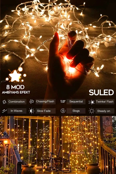 Suled Perde Led Işık 3X2 Metre 220V Fişli Iç Ve Dış Mekan Ortam Ambiyans Süs Ve Dekor Led Işık - 6