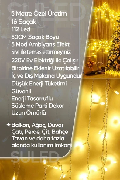 Suled Sarkıt Led Işık 5 Metre Premium Efekt Modlu 112 Led 16 Saçak İç & Dış Süsleme 220V Fişli - 3