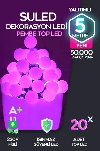 Suled Top Led Pembe Dekor Led Yılbaşı Led Işıkları 5Mt Işıkları Top Dize Işıklar Masa Dekorasyon Noel Işık - 1