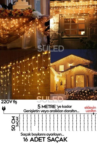 Suled Sarkıt Led Işık 5 Metre Premium Efekt Modlu 112 Led 16 Saçak İç & Dış Süsleme 220V Fişli - Resim 2