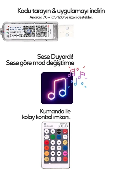 Suled 10 Metre Bluetooth Telefon Kontrollü Smart Şerit Led Sese Duyarlı Kumandalı Led Işık - 5