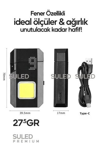 Suled Şarjlı Çakmak T9 Led Fener Özellikli Usb Şarjlı Kamp Çakmağı Cob Led Ce Rüzgardan Etkilenmez - 3