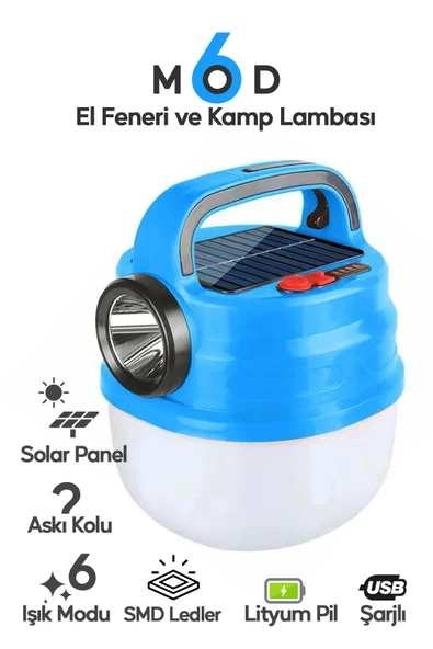 Suled 6 Modlu El Feneri Ve Kamp Lambası Usb & Solar Şarjlı Smd Led Askılı Taşınabilir Işık