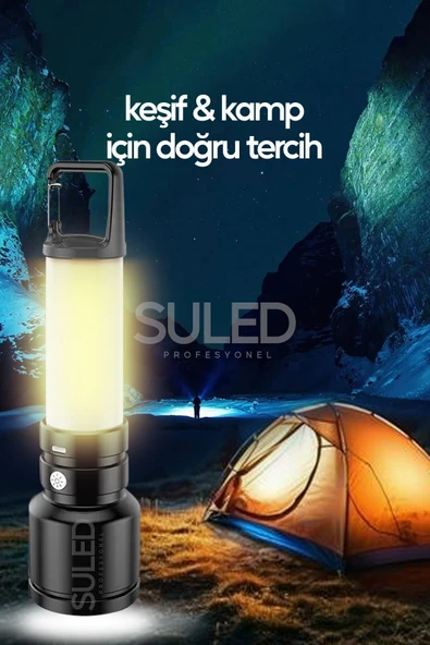 Suled Usb Şarjlı El Feneri Ve Kamp Lambası 4 Modlu 10W A+ Led Işık Outdoor Askı Aparatlı Lityum Pilli - 2