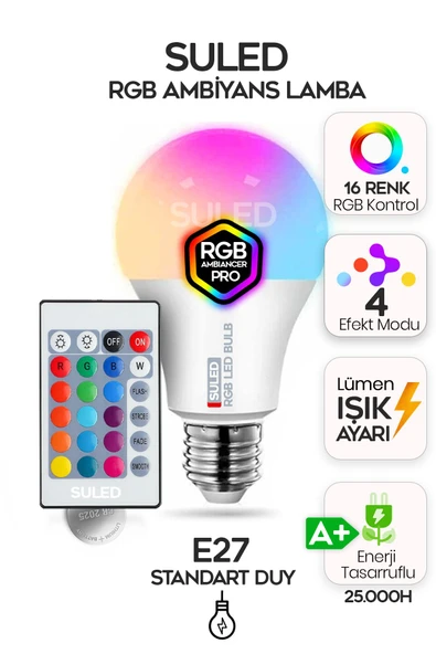 Suled Rgb Led Lamba Kumandalı Ambiyans Aydınlatma 2000 Lümen Tasarruflu Renk Değiştiren Led Işık