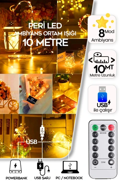 Suled Sl-1049 Peri Led 10 Metre Dekoratif Ortam Aydınlatma Kumandalı Usb'Li Parti Süsleme Dekor Led Işık
