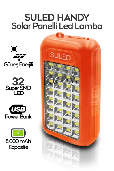 Suled Güneş Panelli Handy Power Bank Fener Işıldak 32 Süper Smd Ledli El Feneri Ev Kamp Outdoor Aydınlatma