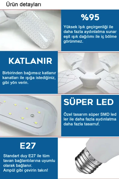 Suled Kristal Pervane 3 Kanat Led Ampül 45W 4500 Lümen Süper Güçlü E27 Lamba A Kalite Beyaz Işık - 2