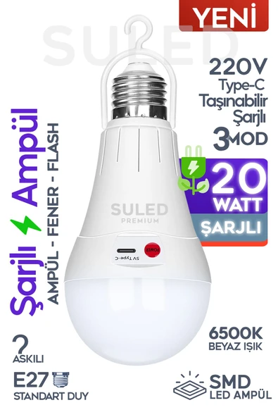 Suled Şarjlı Ampül 20W Beyaz Işık Tavan Kamp Işığı Acil Durum El Feneri Type-C 220V Şarjlı Beyaz E27 Duy