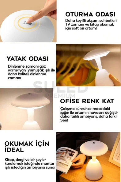 Suled Mantar Masa Lambası Beyaz Usb Şarjlı Dokunmatik 3 Modlu Ambiyans Gece Lambası - 4