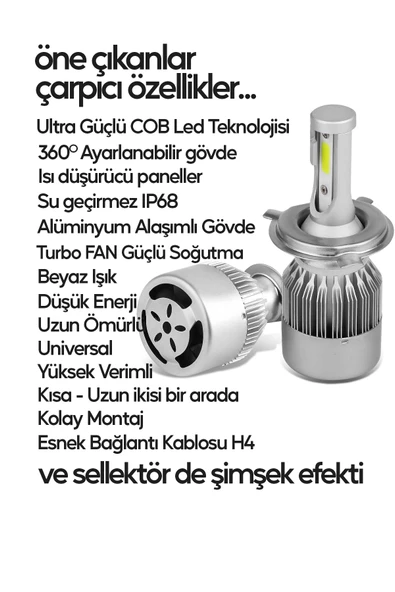 Suled Yeni Model - Zenon H4 Led Araba Far Ampül Xenon Led Uzun Kısa 10800 Lümen Şimşek Etkili 6000K - 7