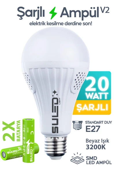 Suled Şarjlı Ampül 20W Acil Durum & Kamp Işığı 2X Bataryalı 220V Beyaz Işık E27 Duy Otomatik