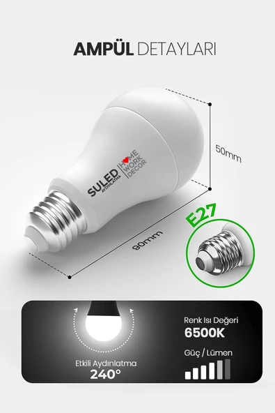 Suled 12W Led Ampül 10'Lu Paket E27 Beyaz Işık Güçlü Aydınlatma Smd Led 6500K Tasarruflu Lamba - 5