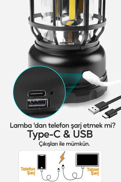 Suled Retro Kamp Lambası Fanus Fener Usb Type-C Güneş Şarjlı 10W Güçlü Led Işık Power Bank Özellikli - Resim 2