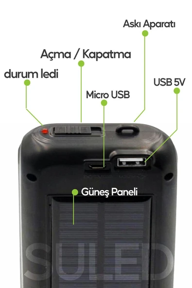 Suled Güneş Panelli Handy Power Bank Fener Işıldak 32 Süper Smd Ledli El Feneri Ev Kamp Outdoor Aydınlatma - 4