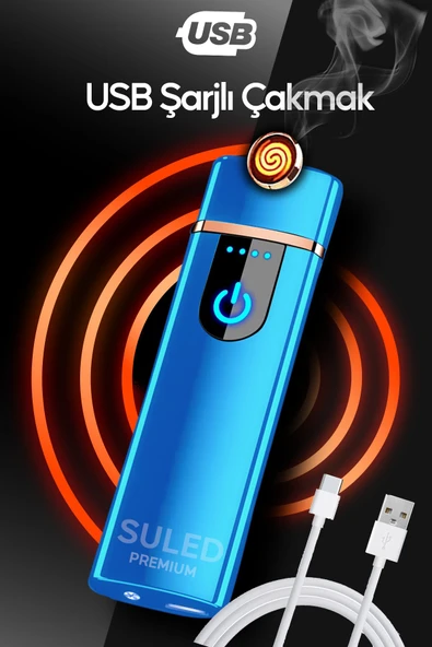 Suled Şarjlı Çakmak Usb Şarjlı Pro Serisi Mavi Kamp Çakmağı Rüzgardan Etkilenmez