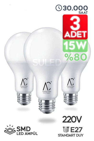 Suled Tasarruflu Led Ampül 3'Lü Set 15W Yüksek Lümen Gücü Smd Led Beyaz Işık 6500K E27 Standart Lamba