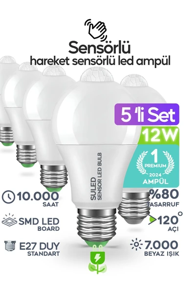Suled Hareket Sensörlü Led Lamba 5 Adet Ampül Beyaz Işık 12W %80 Tasarruflu Otomatik Yanıp Söner - 1