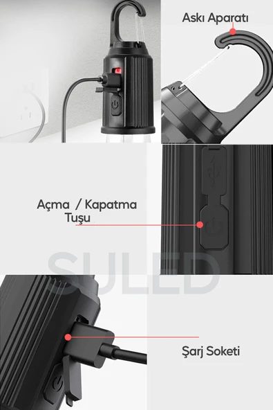 Suled Taşınabilir Şarjlı Led Ampül Outdoor Kamp Bahçe Lambası 10W Askılı Kırılmaz Led Işık - 7